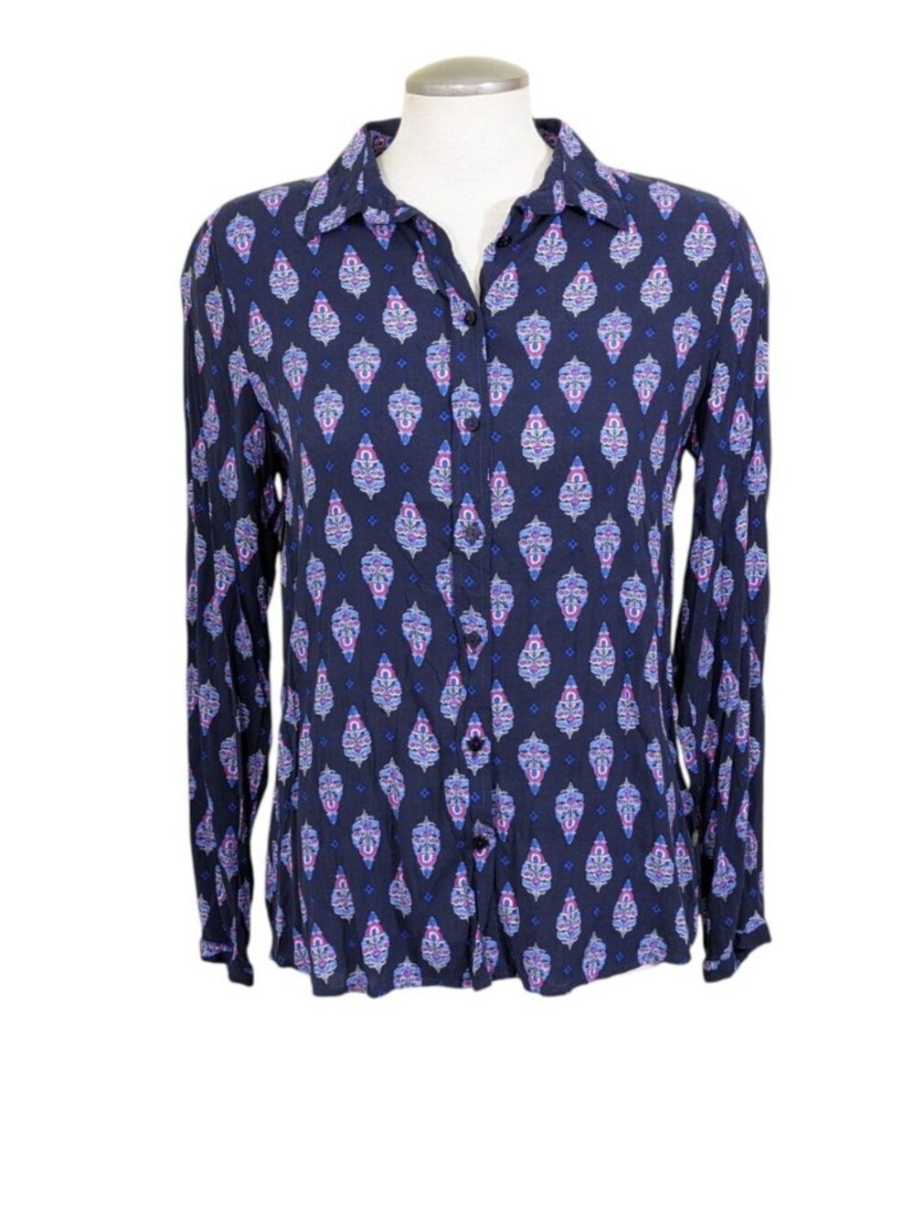 Milano Italy Womens Blouse Euro 38 Small Long Sleeve Block Print Navy Blue Boho